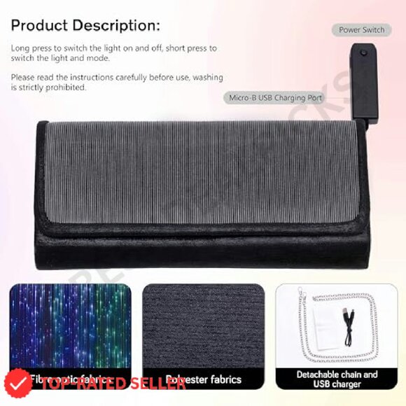 LED Light Up Clutch Purse Rechargeable Holographic Evening Bag Chain Strap - Picture 7 of 7